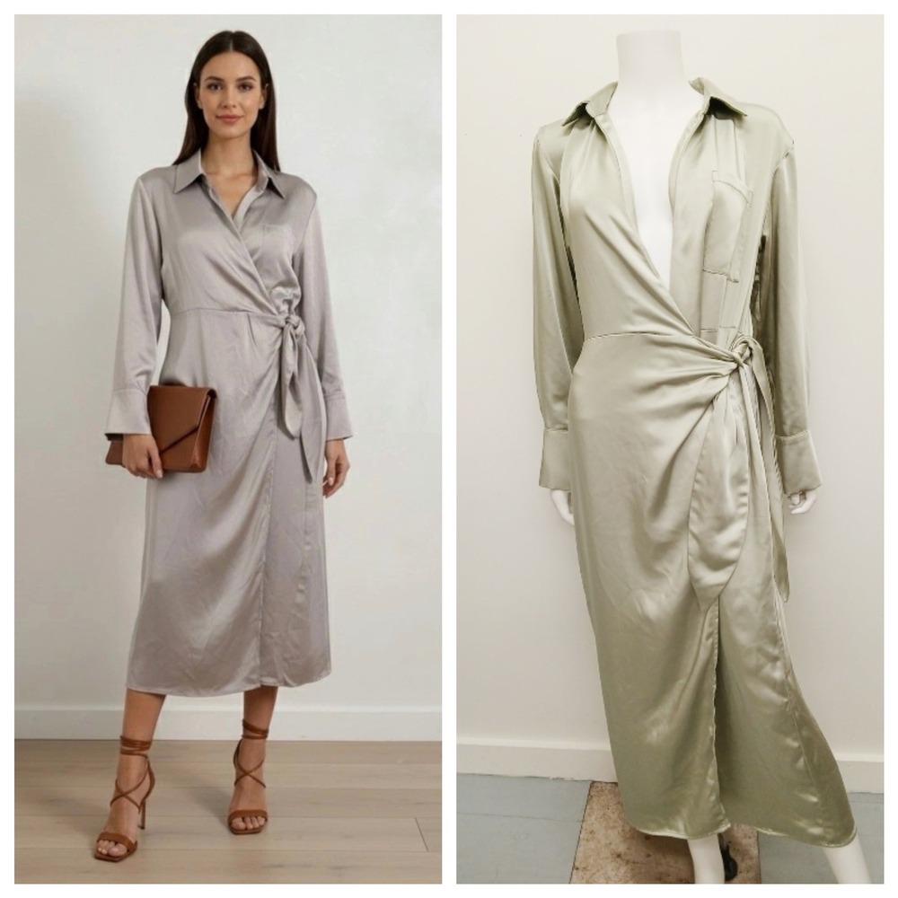 Jason Wu Wrap Shirt Dress Women Medium Sage Green Satin Midi Quiet Luxury Office